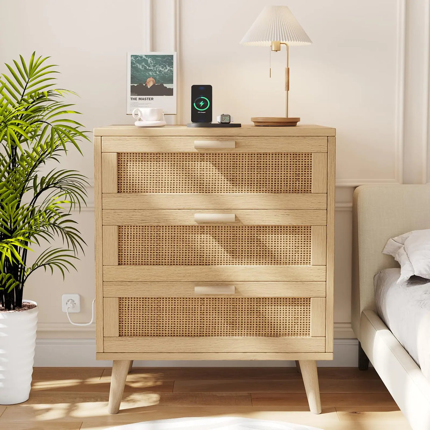 Rattan Nightstand with Charging Station